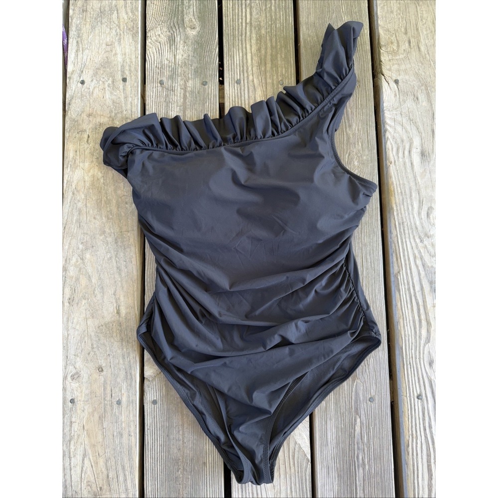 J.Crew Ruffle One Shoulder One Piece Sz 18 Black Swimsuit Beach BX215 PLUS